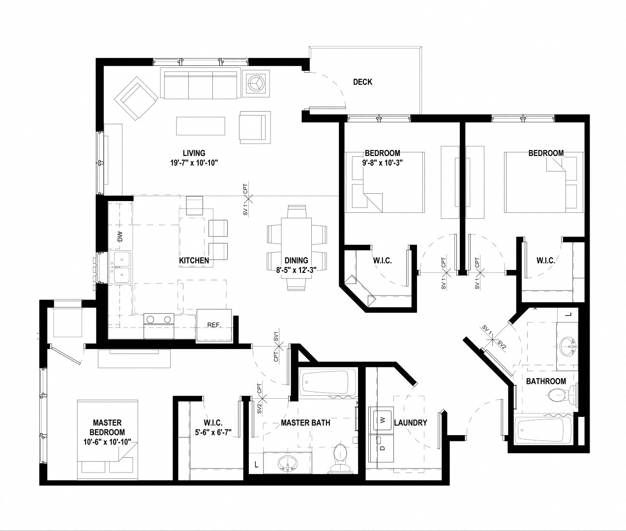 Floor plan for 3 beds, 2 baths, 1369 sqft